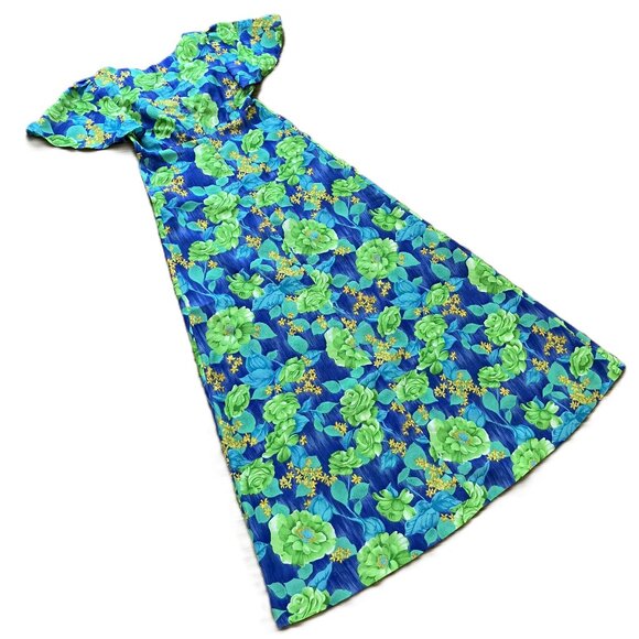 McInerny Hawaiian Maxi Dress Empire Waist Lime Green Floral Vintage 70s - Picture 5 of 6